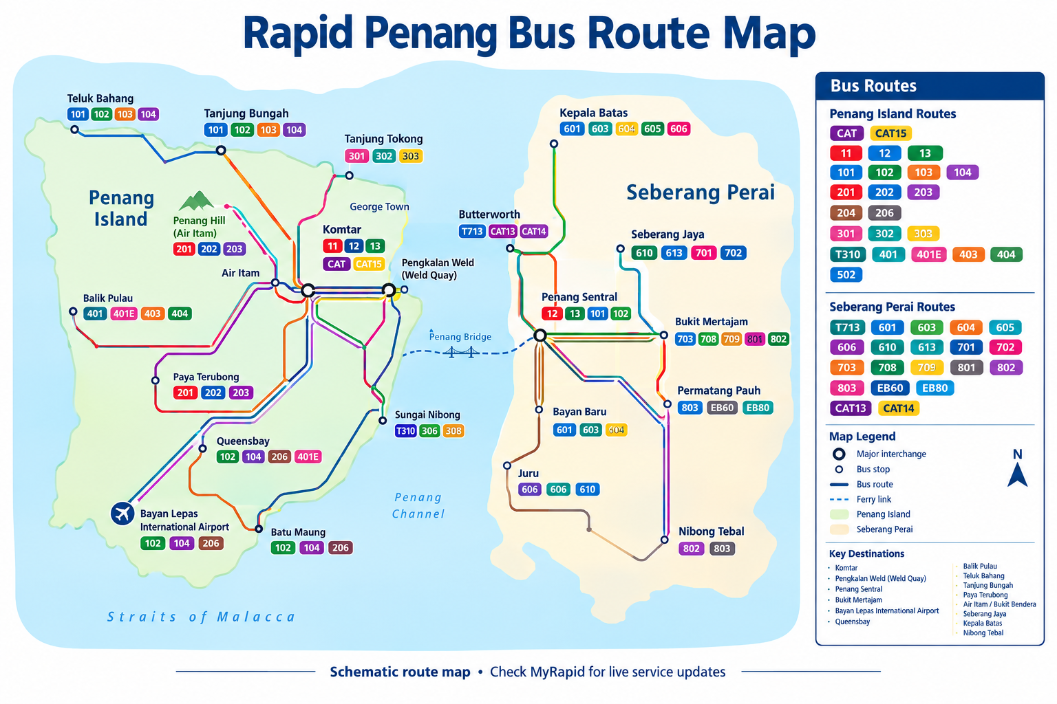 Rapid Penang bus route map showing all routes across Penang Island